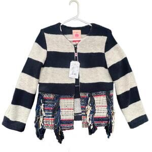 NEW VILAGALLO Wool Bend Jacket in Navy Stripe With Boho Fringe - M